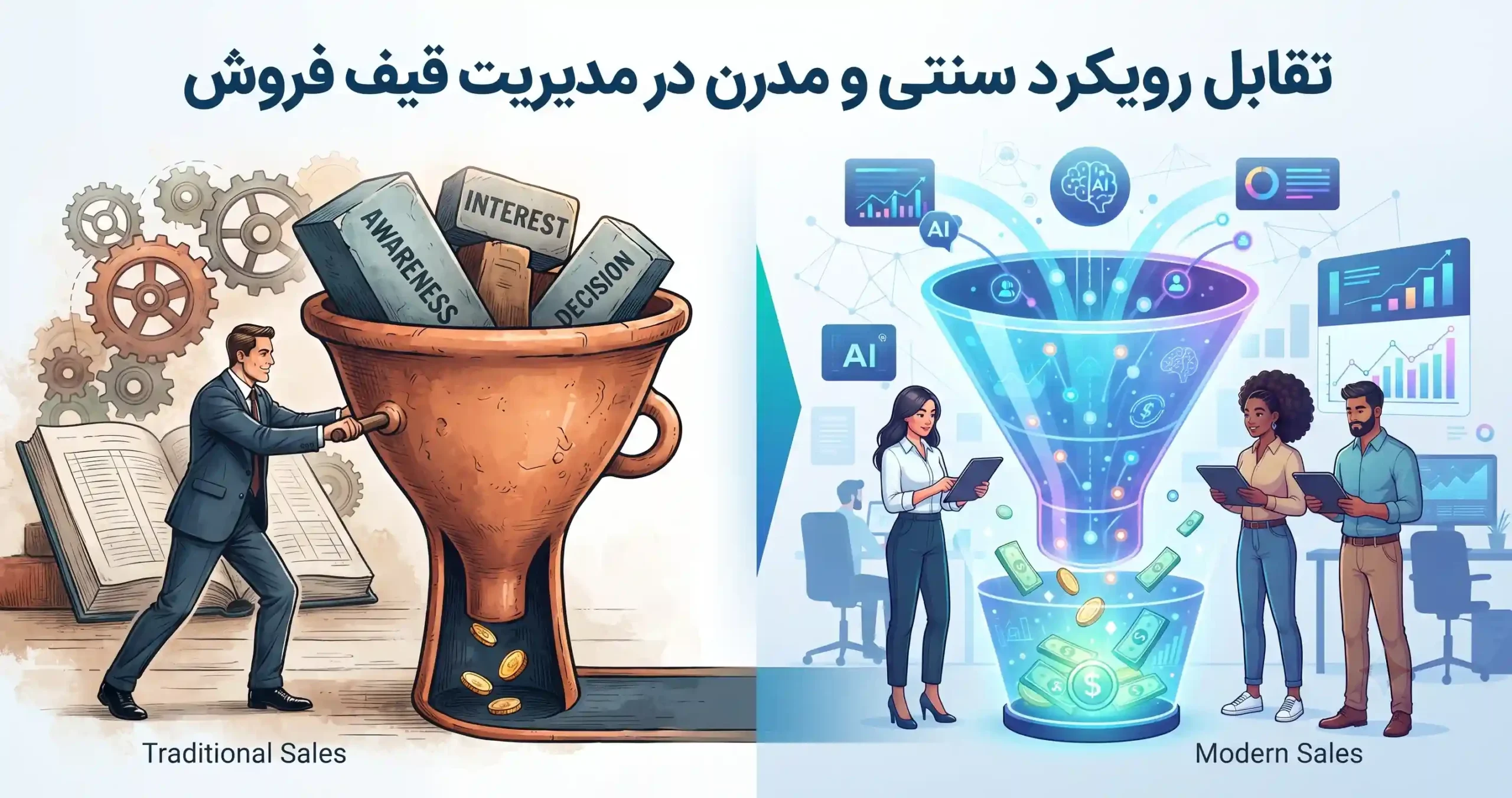 📊 تقابل رویکرد سنتی و مدرن در مدیریت قیف فروش