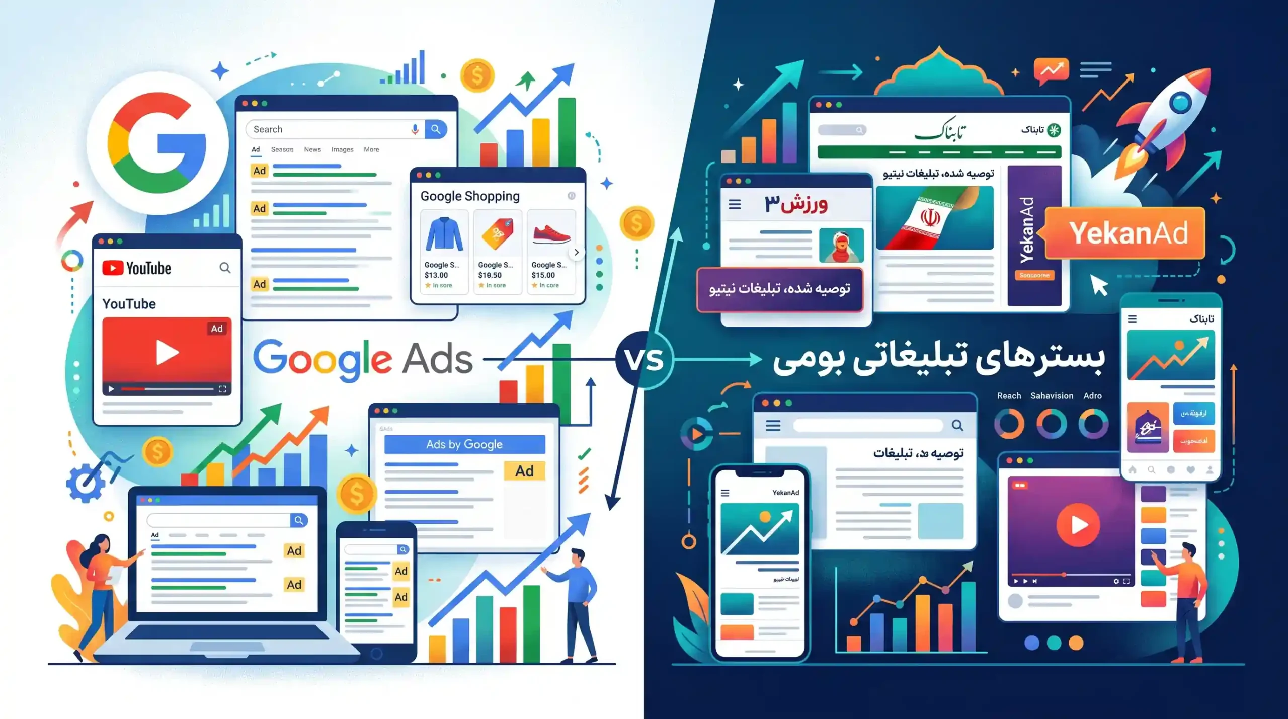 📊 مقایسه عملکرد گوگل ادز و بسترهای تبلیغاتی بومی
