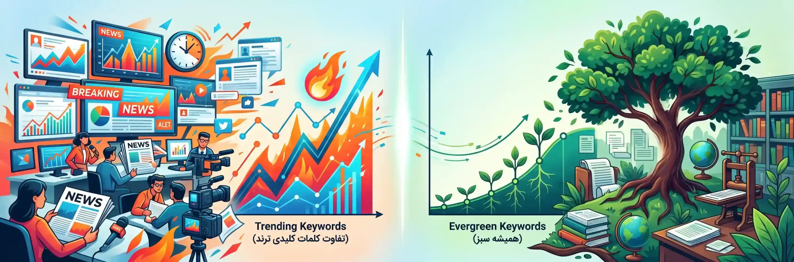 🔍 تفاوت کلمات کلیدی ترند و همیشه سبز در دنیای خبر