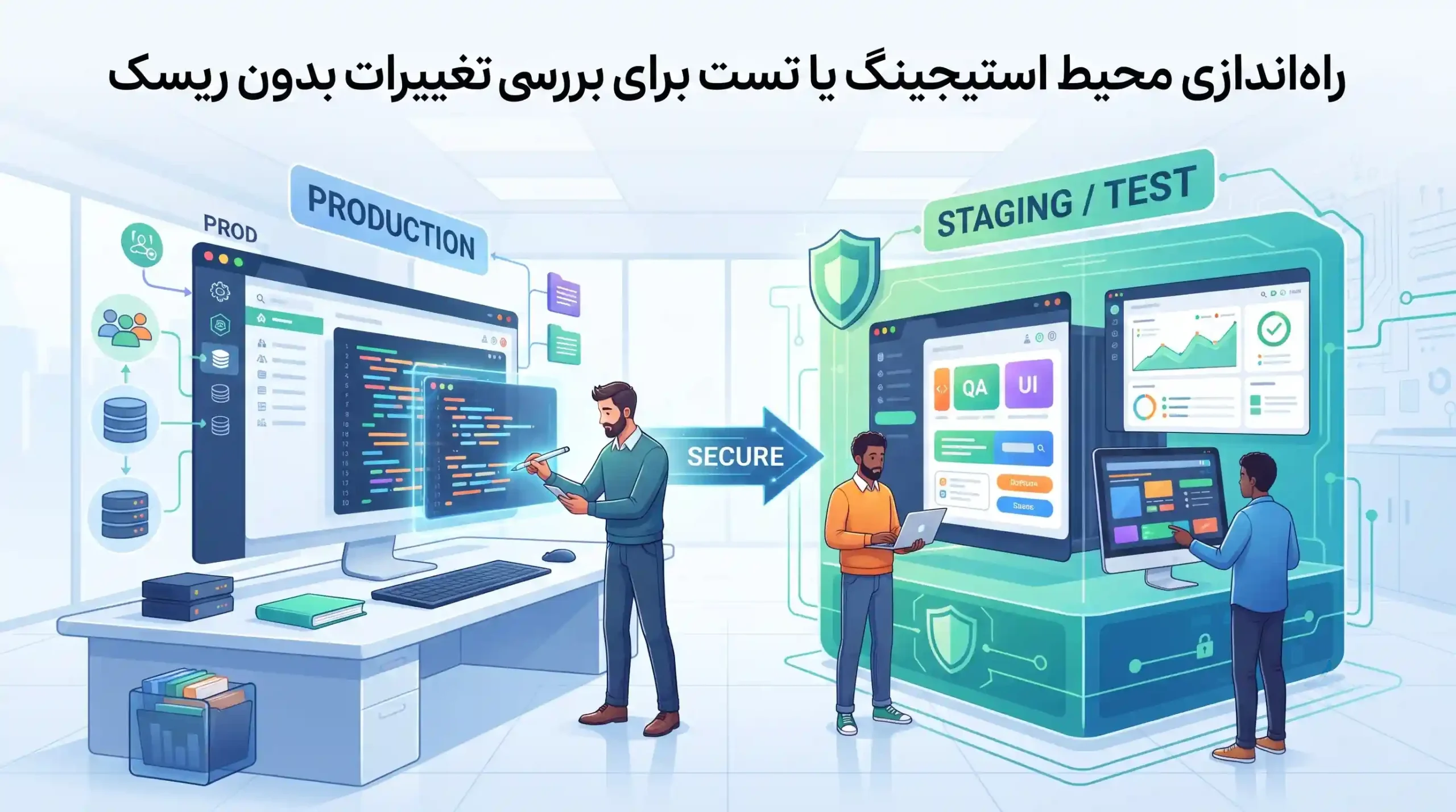 💻 راهاندازی محیط استیجینگ یا تست برای بررسی تغییرات بدون ریسک