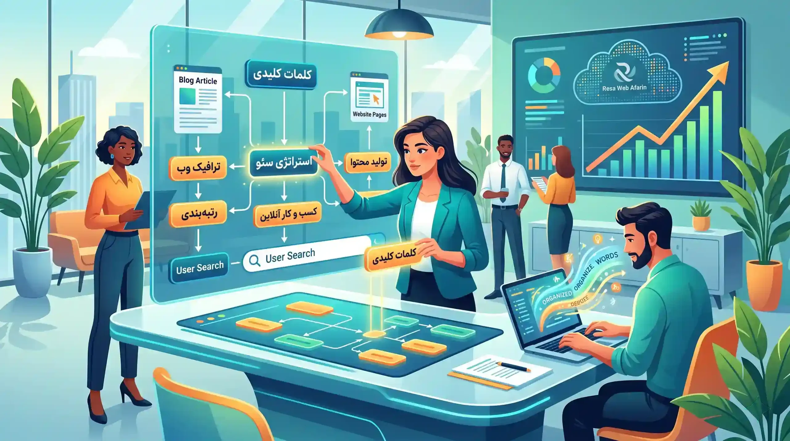 ⚙️ پیادهسازی عملی کلمات کلیدی در استراتژی سئو و تولید محتوای رسا وب آفرین
