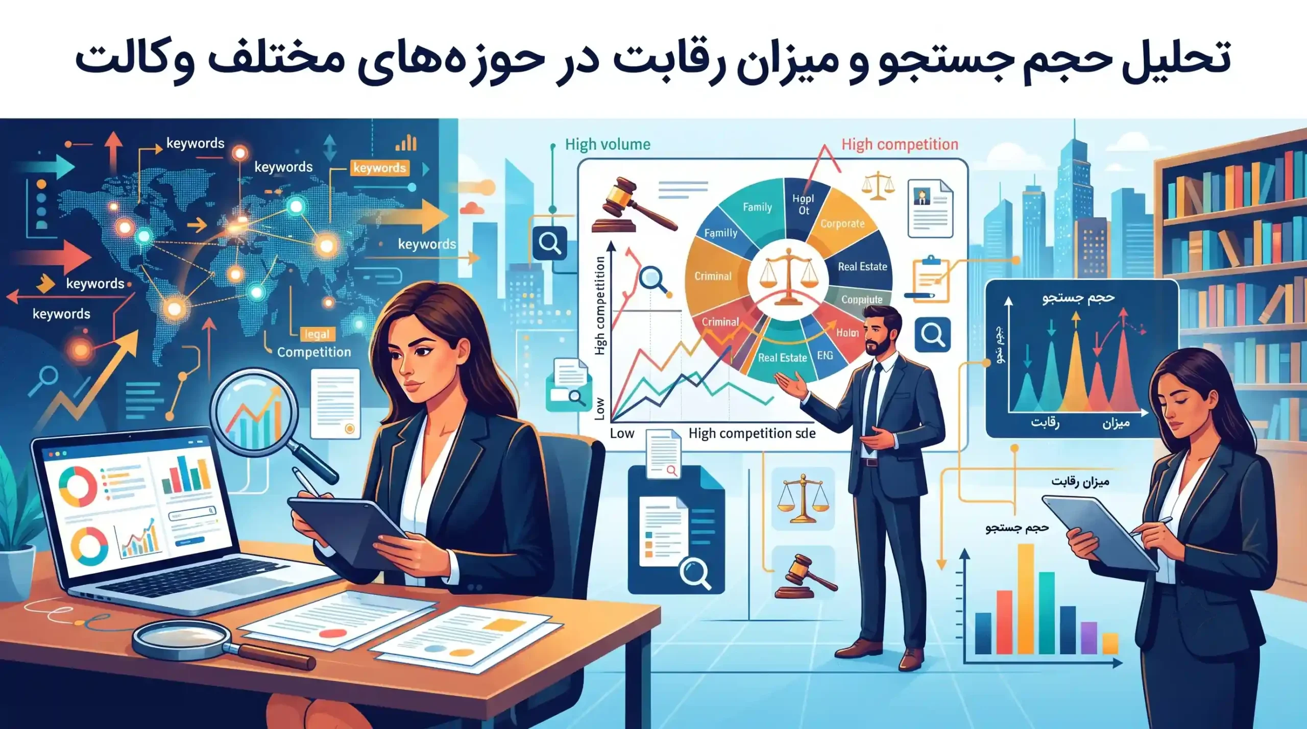 📊 تحلیل حجم جستجو و میزان رقابت در حوزه‌های مختلف وکالت