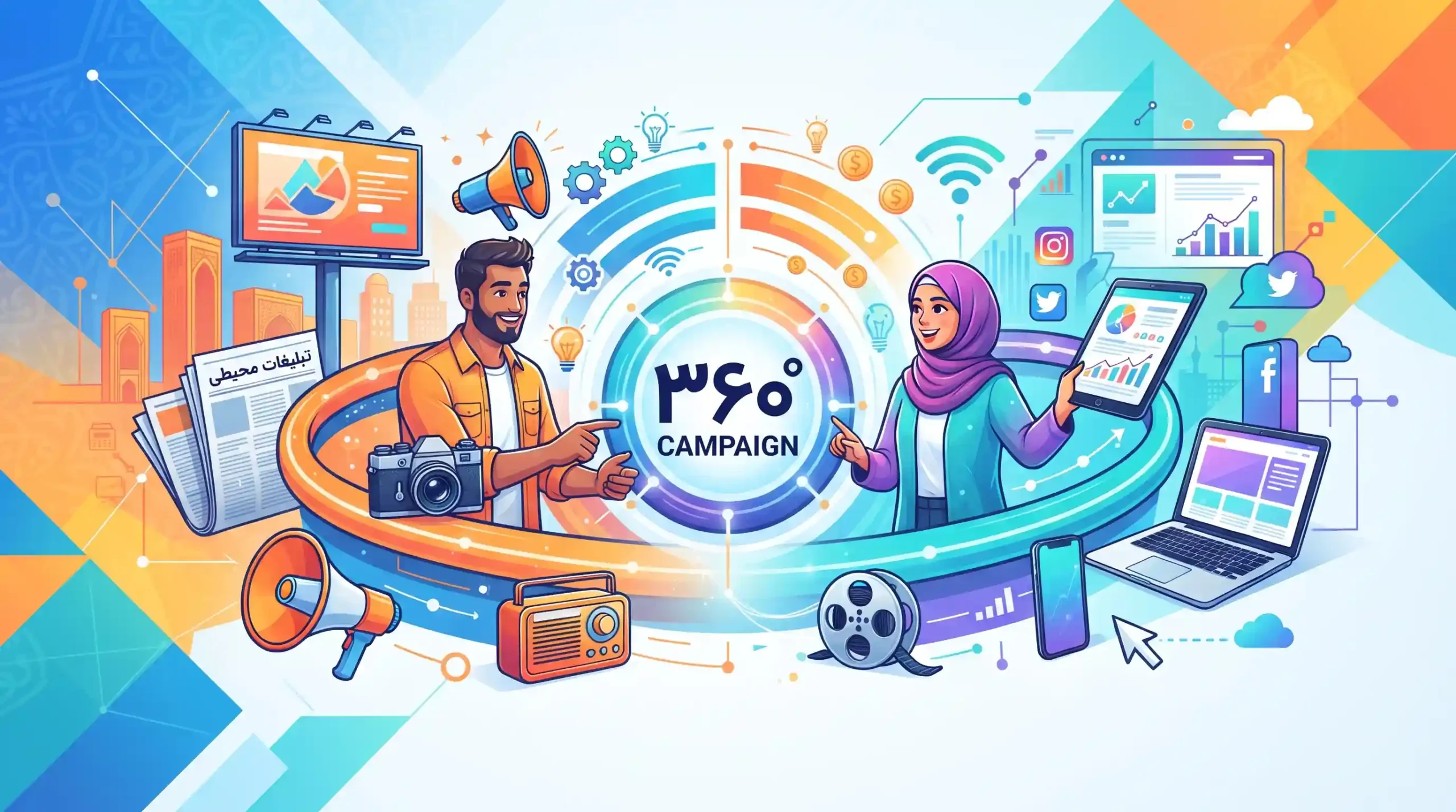 🤝 همافزایی تبلیغات سنتی و دیجیتال (کمپینهای ۳۶۰ درجه)