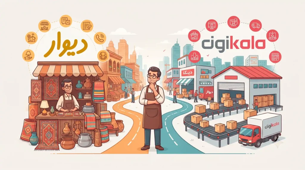 مقایسه دقیق فروشگاه دیوار با دیجی‌کالا برای فروشندگان سنتی
