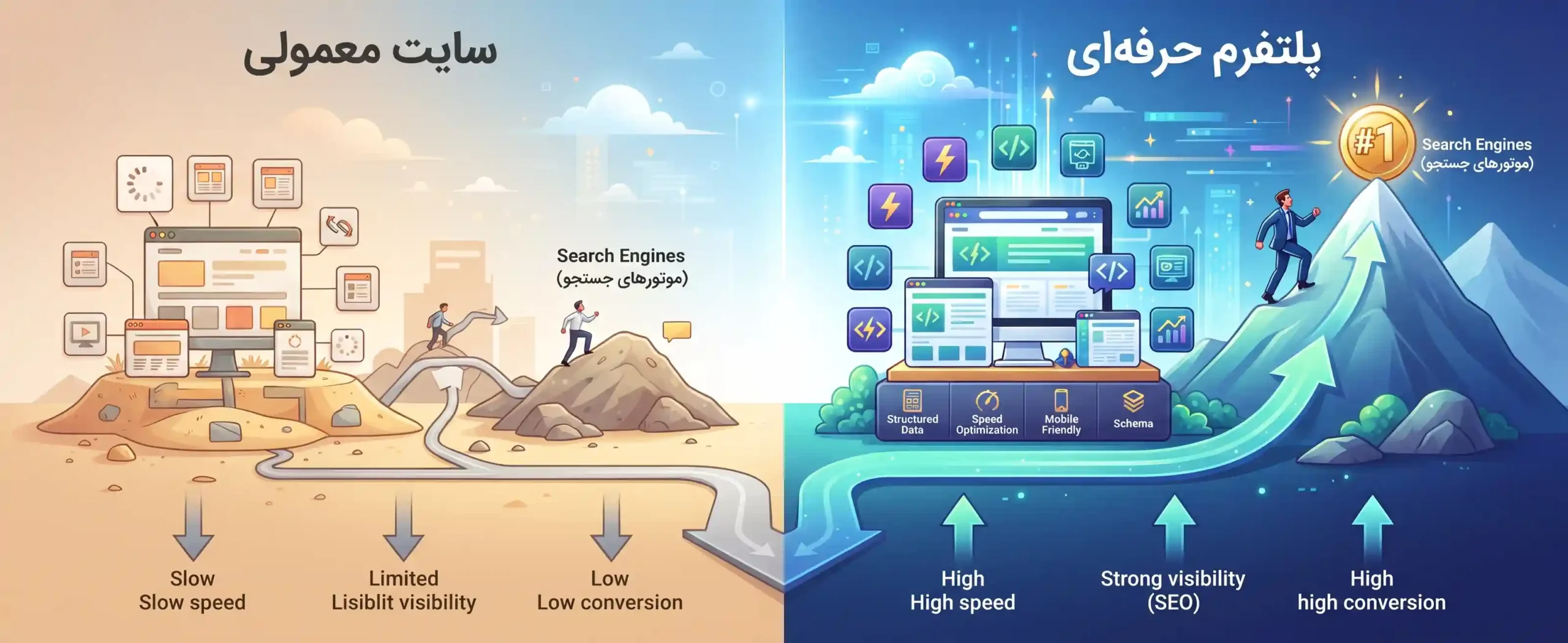 📊 جدول مقایسه تاثیر سایت معمولی در برابر پلتفرم حرفهای بر سئو